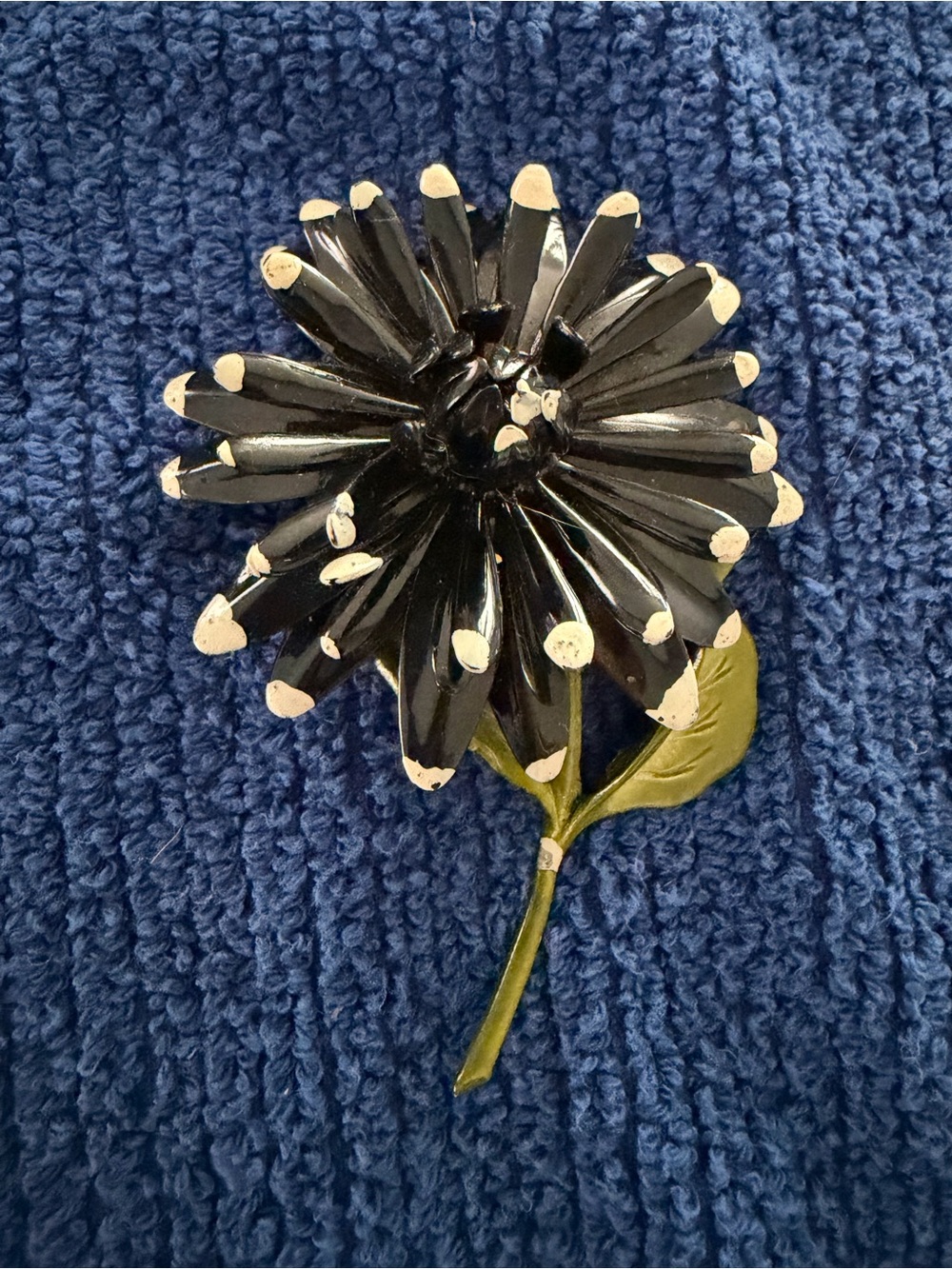 Vintage 1960 Black Enamel Flower Brooch with white tips and green Stem